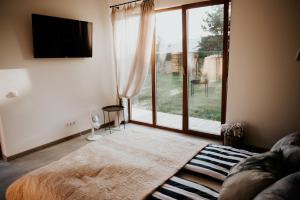 a living room with a tv and a large window at Magnolia Park in Engure