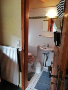 ein kleines Bad mit WC und Waschbecken in der Unterkunft Haus Timmerloher Forst in Schneverdingen