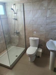 a bathroom with a shower and a toilet and a sink at Eleni Apartments in Ayia Napa