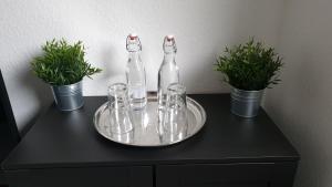 two bottles and glasses on a table with plants at Goethe 3 - Mitten im Zentrum von Schwerin in Schwerin