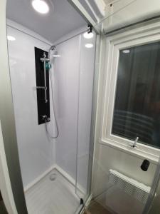 a shower with a glass door and a window at Mobilhome a Gastes in Gastes +8 photos