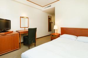 a hotel room with a bed and a desk with a television at Plaza Hotel Premier in Fukuoka