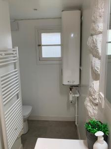 a bathroom with a toilet and a window at Le Cap Solidor in Saint Malo