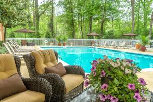 uma piscina com cadeiras e flores num quintal em Holiday Inn Charlottesville-Monticello, an IHG Hotel em Charlottesville