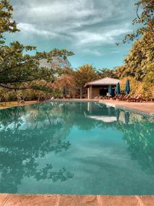 a large swimming pool with blue umbrellas and chairs at Amaara Forest Hotel Sigiriya in Sigiriya