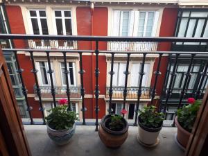 un gruppo di piante in vaso di fronte a un edificio di Habitación con baño privado en el centro de Bilbao a Bilbao