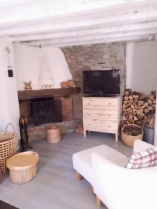ein Wohnzimmer mit einem Kamin und einem TV in der Unterkunft Cal Toni de Vilallobent in Vilallovent