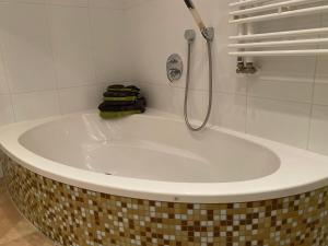 a bath tub with a shower in a bathroom at Ferienwohnung Sophia in Inzing