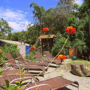 a group of chairs and flowers in a yard at Recanto Abayomi in Ilha do Mel