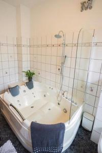 a bath tub with a shower and a plant in it at Ferienparadies in Fürth +78 photos