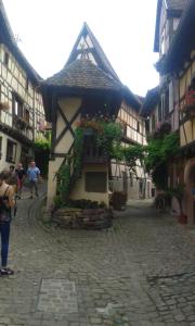 a building on a cobblestone street in a town at Maison de Tante Louise in Mittelwihr