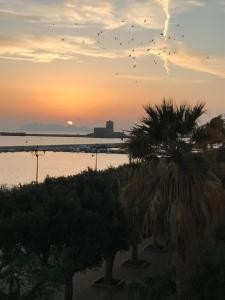 uno stormo di uccelli che volano sull'oceano al tramonto di Appartamento Vista Mare Regina Elena al Porto a Trapani