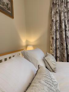 um quarto com duas camas e uma cortina em Tolpuddle Hideaway, Tolpuddle, Dorset em Dorchester