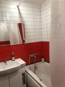 ein Badezimmer mit einem Waschbecken, einer Badewanne und roten Fliesen in der Unterkunft Апартаменты А.Поля 10 in Dnipro