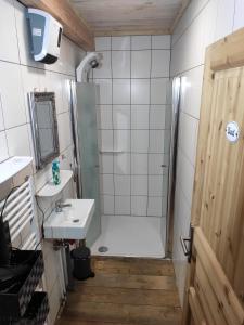 a bathroom with a shower and a sink at Ferienhaus Schwarzwald Seewald Erzgrube Badesee 100% Natur in Seewald