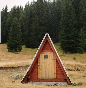 uma pequena casa com um telhado pontudo num campo em Samel's Cottage Hrid's lake Prokletije em Plav