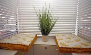 a window sill with two ottomans and a plant at Moryn. Snowdonia and Anglesey View in Bangor