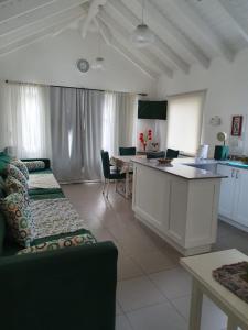 Una sala de estar con un sofá y una cocina. en Horizonte Piedrabuena, en San Martín de los Andes