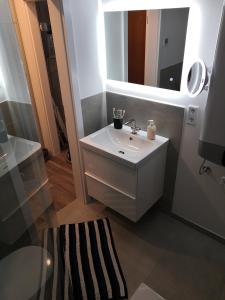 ein Badezimmer mit einem weißen Waschbecken und einem Spiegel in der Unterkunft Berghaus Glockner, App. Niedermeyer in Heiligenblut