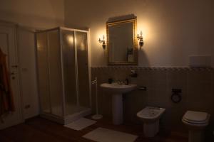 La salle de bains est pourvue d'un lavabo, d'une douche et de toilettes. dans l'établissement B&B Villa al Lago, à Farra dʼAlpago
