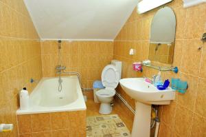 a bathroom with a tub and a toilet and a sink at Casa Maria in Gura Humorului