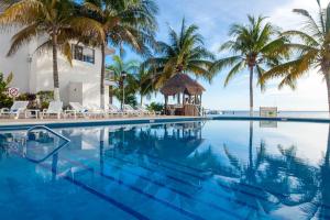a swimming pool with palm trees and the ocean at Ocean View Cancun Arenas in Cancún