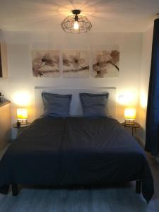 a bedroom with a black bed with two lamps at Meublé tout confort, avec terrasse in Niederbronn-les-Bains