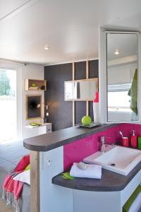a kitchen with a counter with a sink at Kanopée Village in Trévoux
