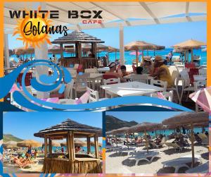 a collage of photos of a beach with people on the beach at Sardinia Yellow House in Solanas