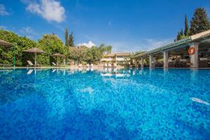 Spiti Prifti Apartments في جوفيا: مسبح ازرق كبير مع كراسي ومظلات