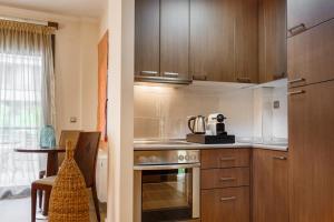 a kitchen with wooden cabinets and a stove top oven at Melon Suites in Thessaloniki