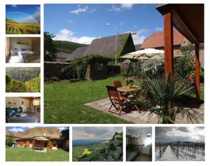 un collage de fotos de casas y una mesa con sombrilla en Un petit coin d’Alsace en Soultzmatt