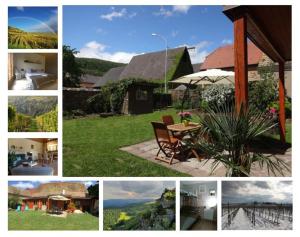 a collage of pictures of houses and a table with an umbrella at Un petit coin d’Alsace in Soultzmatt
