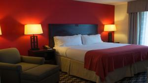 a hotel room with a bed and a chair at Holiday Inn Saint Louis-Fairview Heights, an IHG Hotel in Fairview Heights
