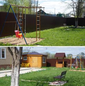 dos fotos de un parque con parque infantil y una casa en ДОМ на ГРАЖДАНСКОЙ, en Uglich