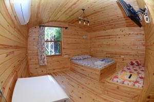 a log cabin with two beds and a window at Olympos Camlık Pension in Olympos