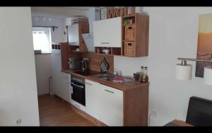 een kleine keuken met een wastafel en een fornuis bij Ferienwohnungen Michel in Winterberg