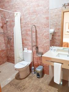 y baño con aseo, lavabo y ducha. en Hotel Plaza Escribano, en Moguer