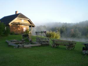 a farm implement sitting in the grass next to a cabin at Senosios Geguzines ukis in Gegužinė