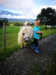 Un bambino in piedi accanto a un piccolo pony di Ortnerhof a Millstatt