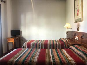 a hotel room with two beds and a television at Hostal Rural Poqueira in Capileira