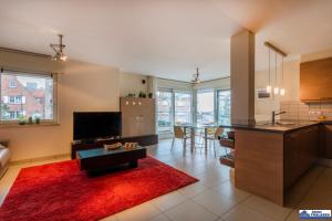a kitchen and living room with a red rug at Amena 0101 + garage in Koksijde