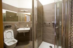 a bathroom with a toilet, sink, and shower at Hotel & SPA Odeon in Boguchwała