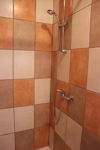 La salle de bains est pourvue d'une douche avec du carrelage brun et blanc. dans l'établissement Privat No. 2, à Adršpach
