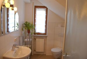 a bathroom with a sink and a toilet and a window at Weingut & Ferienwohnungen Kirch in Nordheim