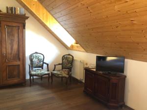 ein Wohnzimmer mit 2 Stühlen und einem Flachbild-TV in der Unterkunft Chata Rovina in Hartmanice