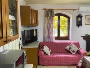 a living room with a pink couch and a tv at Guest House Brandino Pani in Tertenìa