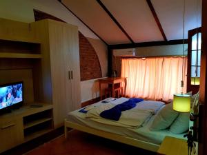 a bedroom with a bed and a tv and a window at Hotel Sun in Lviv