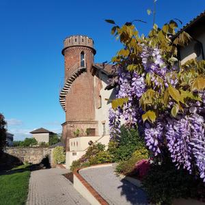 um edifício com uma torre com flores roxas em Borgo Ramezzana Country House em Trino