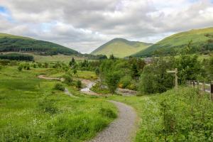 un camino sinuoso en un campo con montañas en el fondo en Trekker Hut en Tyndrum